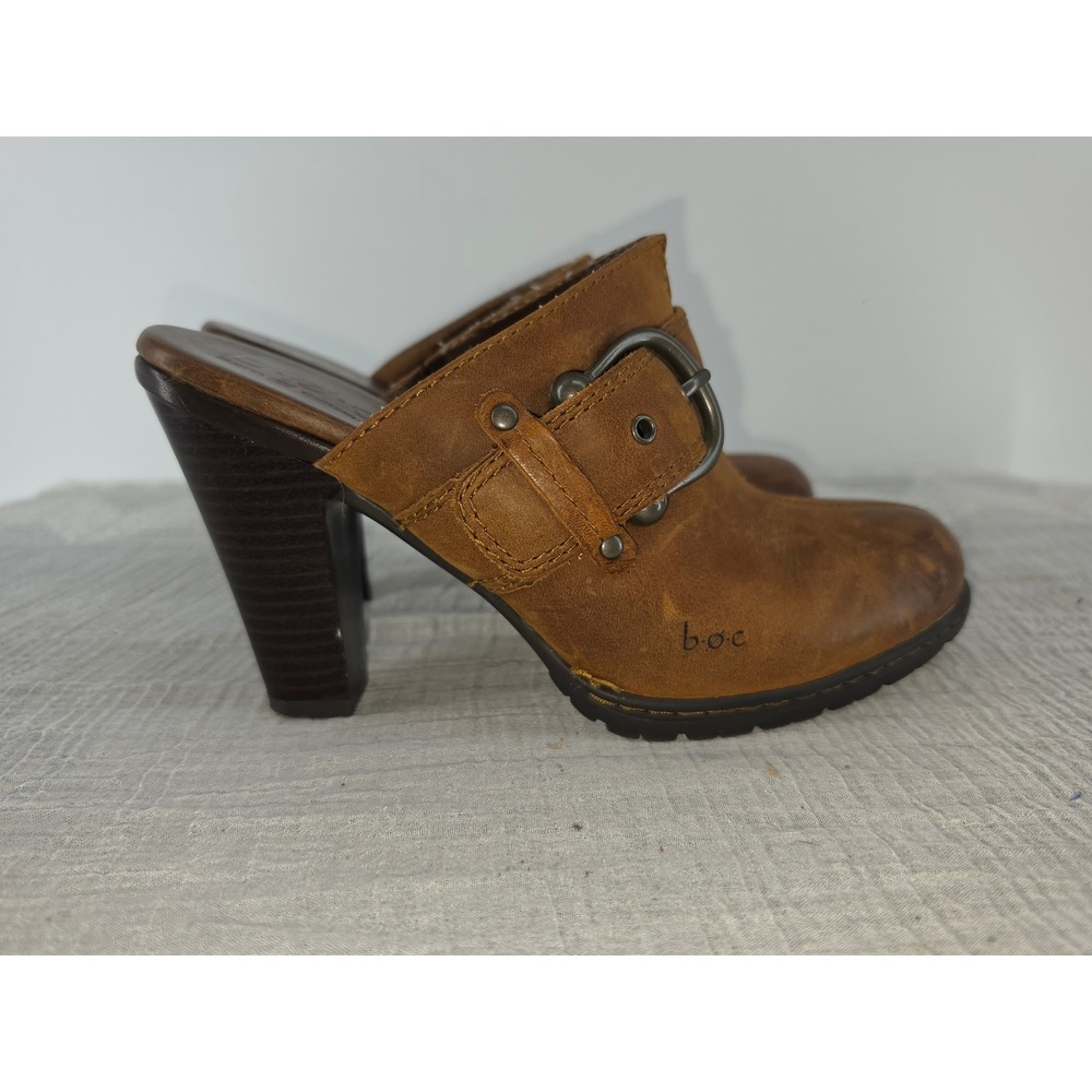 b.o.c. Born Concept Brown Leather Buckle Clog Mules Stacked Heel Women 10